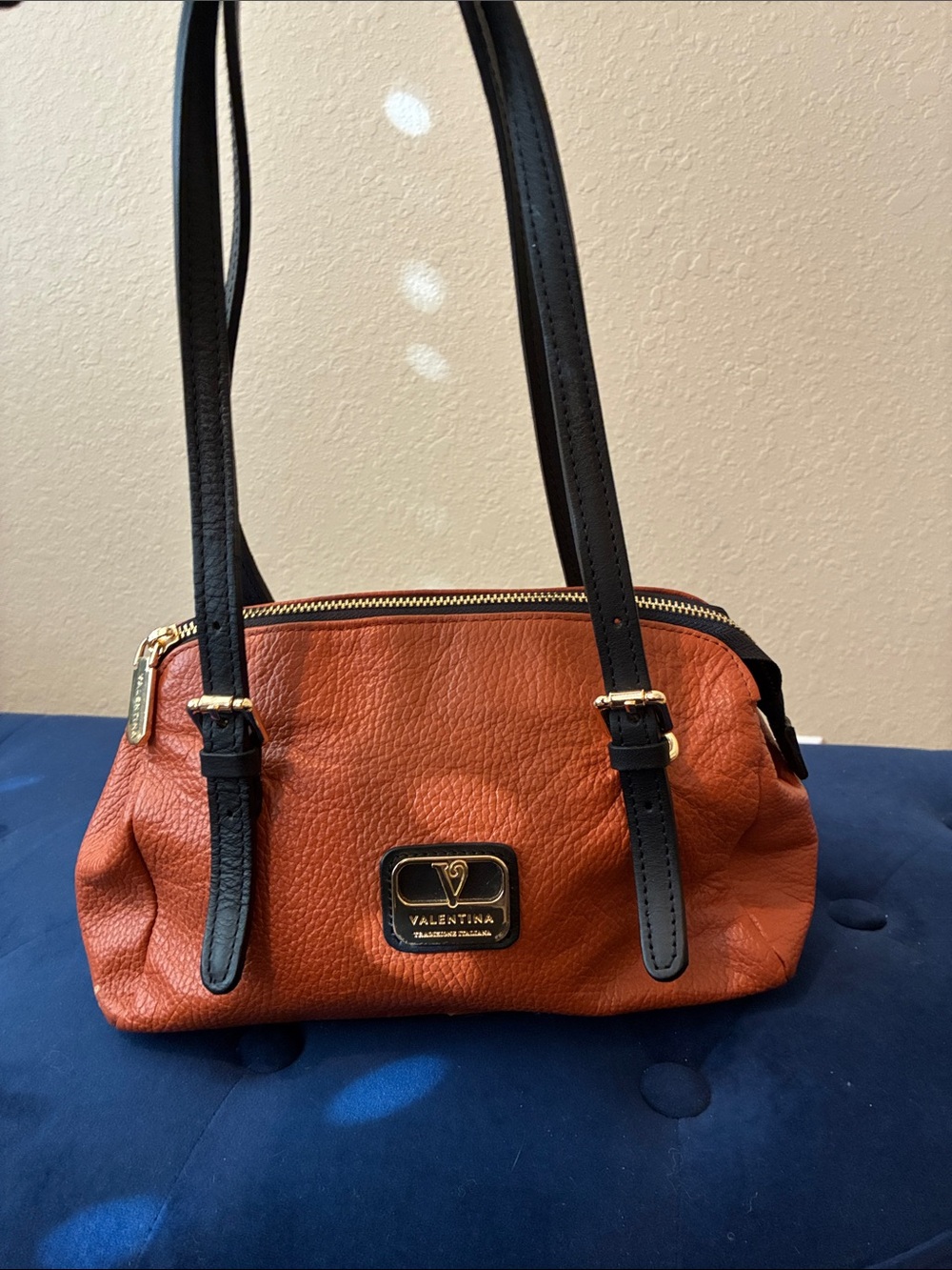 Valentina Cognac Leather Shoulder Bag with Black Straps
